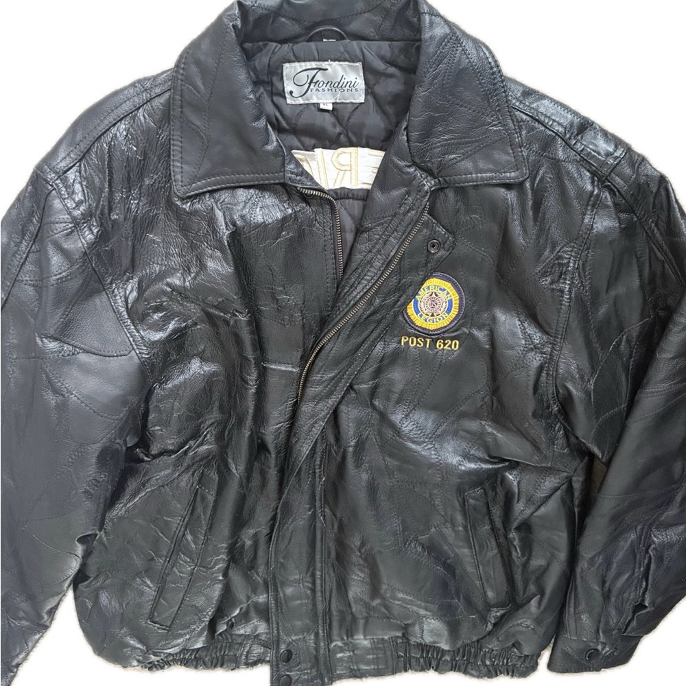 Vintage Genuine Leather Bomber Jacket XL Oversized American Legion Back Black - Picture 8 of 16